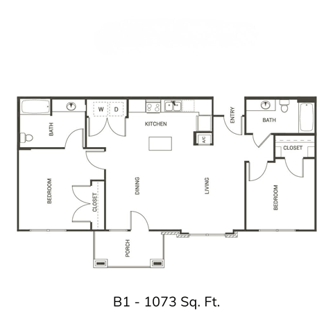 Floor plan for 2 beds, 2 baths, 1073 sqft